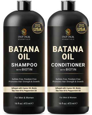 INFINA ESSENTIALS Batana Oil Shampoo and Conditioner Set - Biotin &amp; Tea Tree Oil for Hair Growth &amp; Thickness - Moisturizing &amp; Nourishing Shampoo for Thinning Hair for Men &amp; Women - 16 fl oz Each