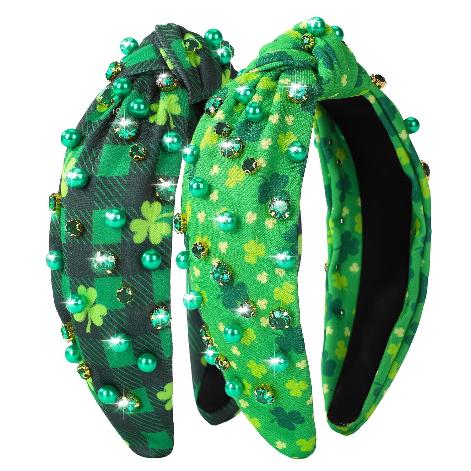 2 Pack St. Patrick&#39;s Day Headband for Women Clover Print Pearl Rhinestone Crystal Jeweled Embellished Ladies Wide Top Knot Green Grid Makeup Hair Hoop Accessory Holiday Party Costume Decor Gifts