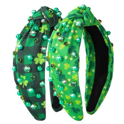 2 Pack St. Patrick&#39;s Day Headband for Women Clover Print Pearl Rhinestone Crystal Jeweled Embellished Ladies Wide Top Knot Green Grid Makeup Hair Hoop Accessory Holiday Party Costume Decor Gifts