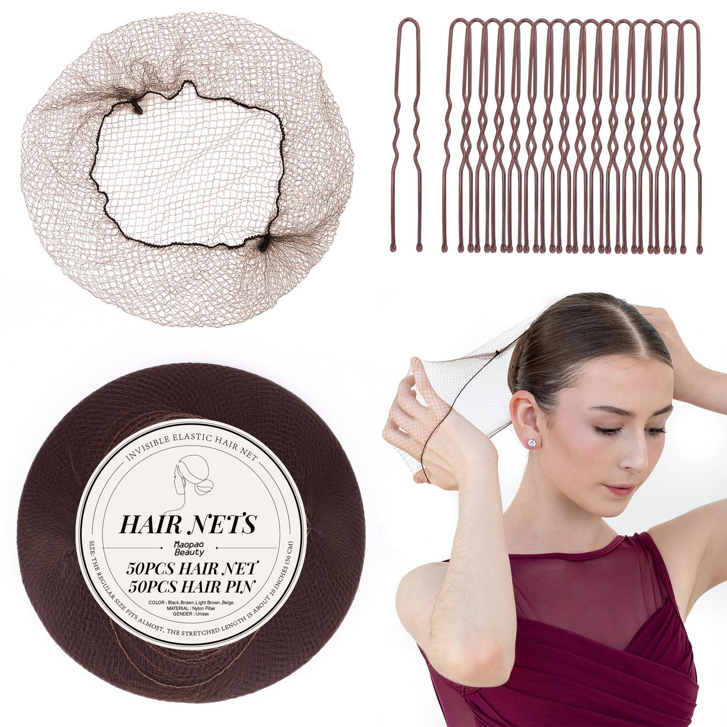 100PCS Sets Bun Hair Nets Invisible Elastic Edge Mesh and U Shaped Pins Set, 50Pcs Individual Hair Nets 20 Inches, 50Pcs U Shaped Pins for Ballet Bun, Sleeping, Women and Wig (100PCS Sets,Brown)