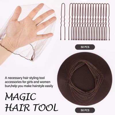 100PCS Sets Bun Hair Nets Invisible Elastic Edge Mesh and U Shaped Pins Set, 50Pcs Individual Hair Nets 20 Inches, 50Pcs U Shaped Pins for Ballet Bun, Sleeping, Women and Wig (100PCS Sets,Brown)