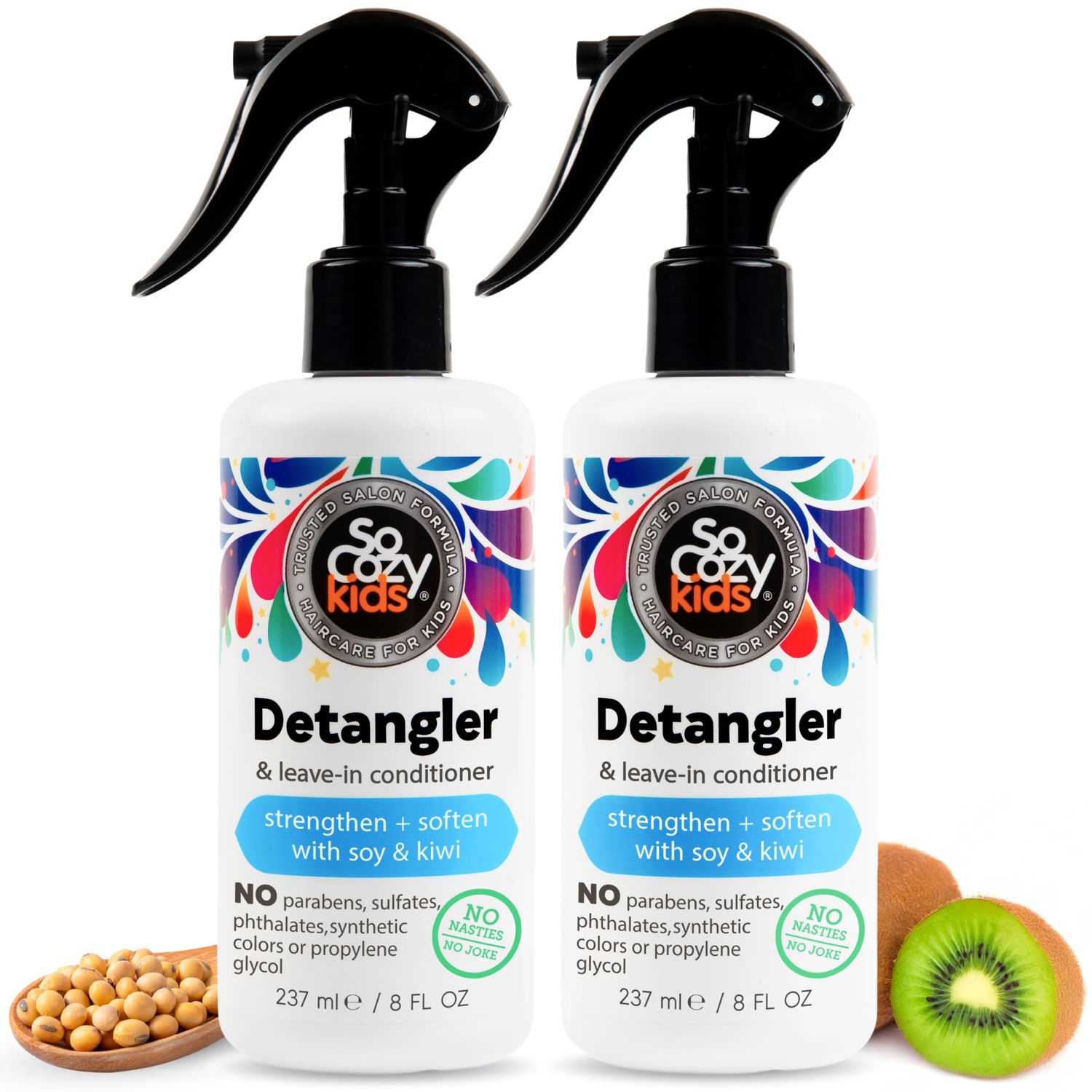 SoCozy 2-in-1 Detangler &amp; Leave In Conditioner Spray (8 Fl Oz, Pack Of 2) - Hair Detangler &amp; Conditioner for Kids with Keratin, Soy Protein &amp; Kiwi Extract