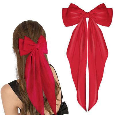 WLLHYF Big Satin Silky Barrettes, Long Tail French Bowknot Metal Pins, Hair Clamps and Clips for Women, Girls, Wedding, Birthday Party (Red)