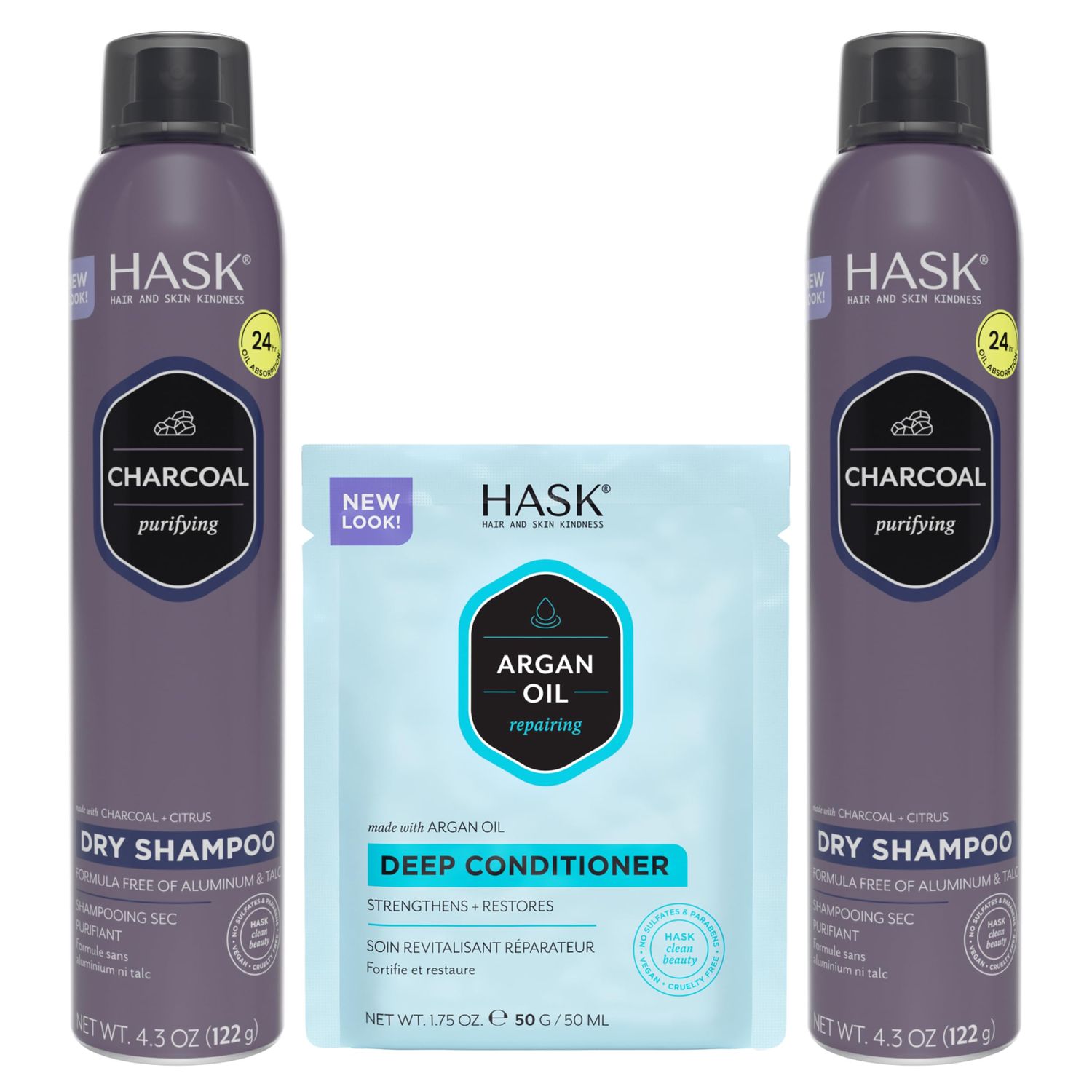 HASK Charcoal Clarifying Dry Shampoo Duo (4.3oz-Qty 2) &amp; Argan Oil Repairing Deep Conditioner Packette, Aluminum-Free, Sulfate-Free, Paraben-Free, Color Safe, for All Hair Types
