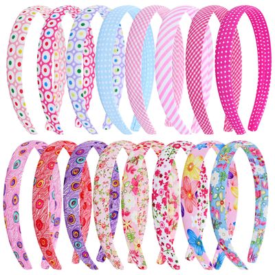 Lawie 16 Pieces Candy Colors Floral Printed Elastic Plastic Headbands for Girls Wide Cloth Covered Hair Bands for Kids Pink Fabric Lined Hairbands Birthday Party Headpieces for Little Girls