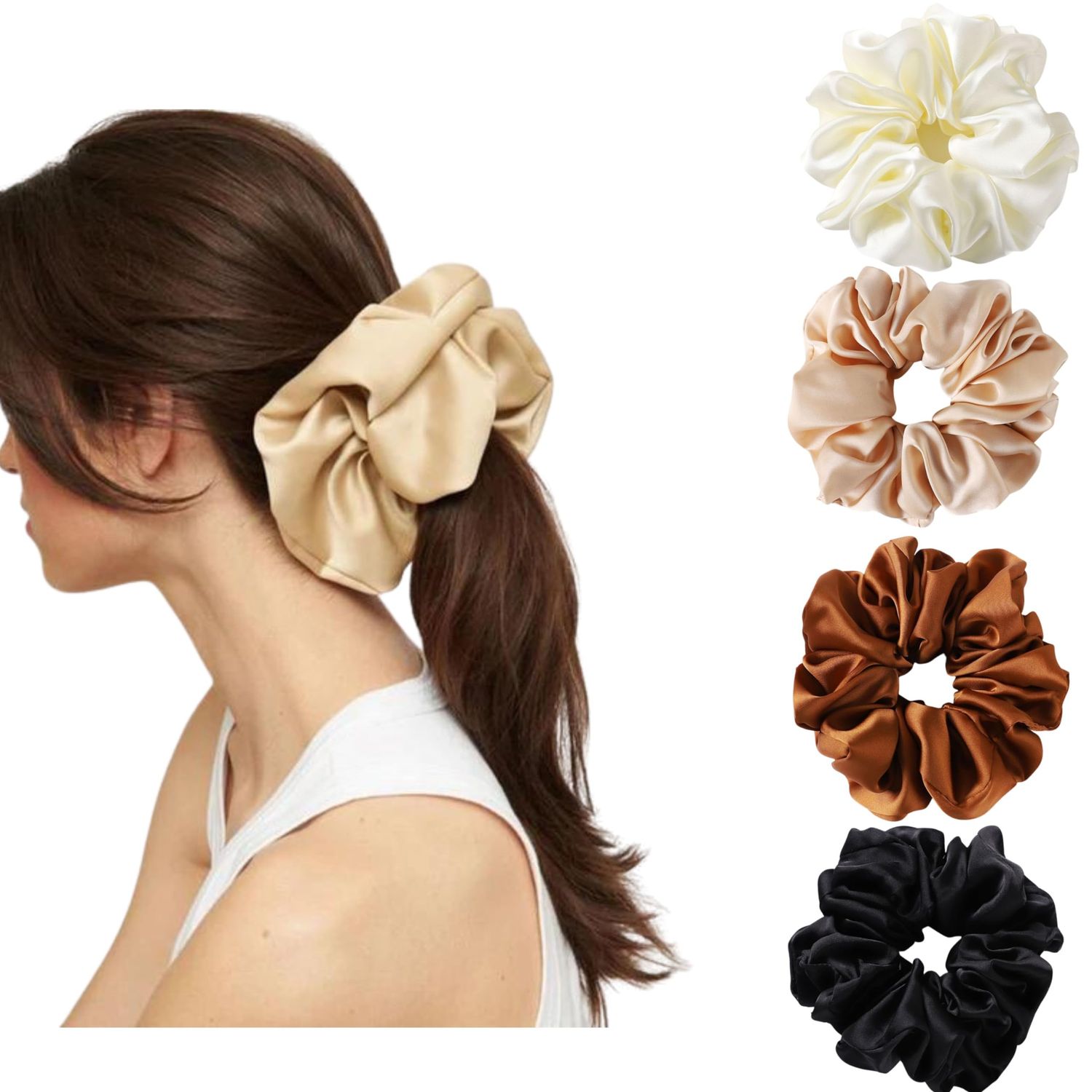 4 Pack Extra Large Satin Silk Hair Scrunchies - Soft, Big, Oversized, Thick Elastic Fluffy Hair Ties - Ponytail Holder - Jumbo Scrunchies for Women and Girls