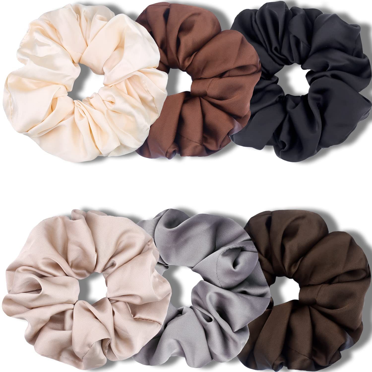 IVARYSS Big Scrunchies for Women Thick Hair, Premium Satin Softer than Silk, XL 6 Inch Extra Large Scrunchy Elastic Hair Bands Accessories, 6 Pack, Neutral