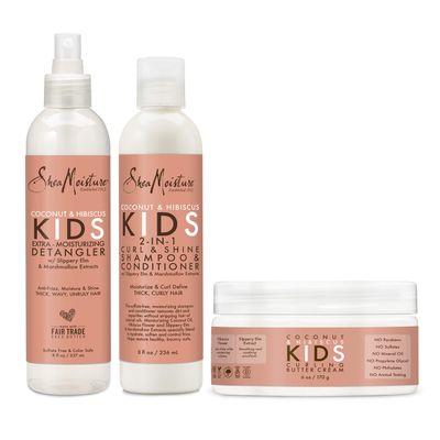 SheaMoisture Kids Extra Moisturizing Detangler, 2-In-1 Curl &amp; Shine Coconut Hibiscus Shampoo &amp; Conditioner, and Curling Butter Cream for Curly Hair 3 Count
