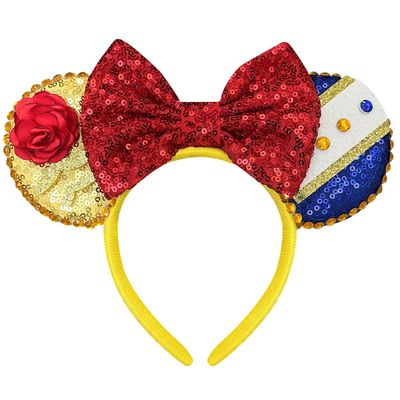 Bmobuo Belle Mouse Ears Headband for Women, Rose Sequin Headband with Red Bows for Princess Costume, Birthday Party
