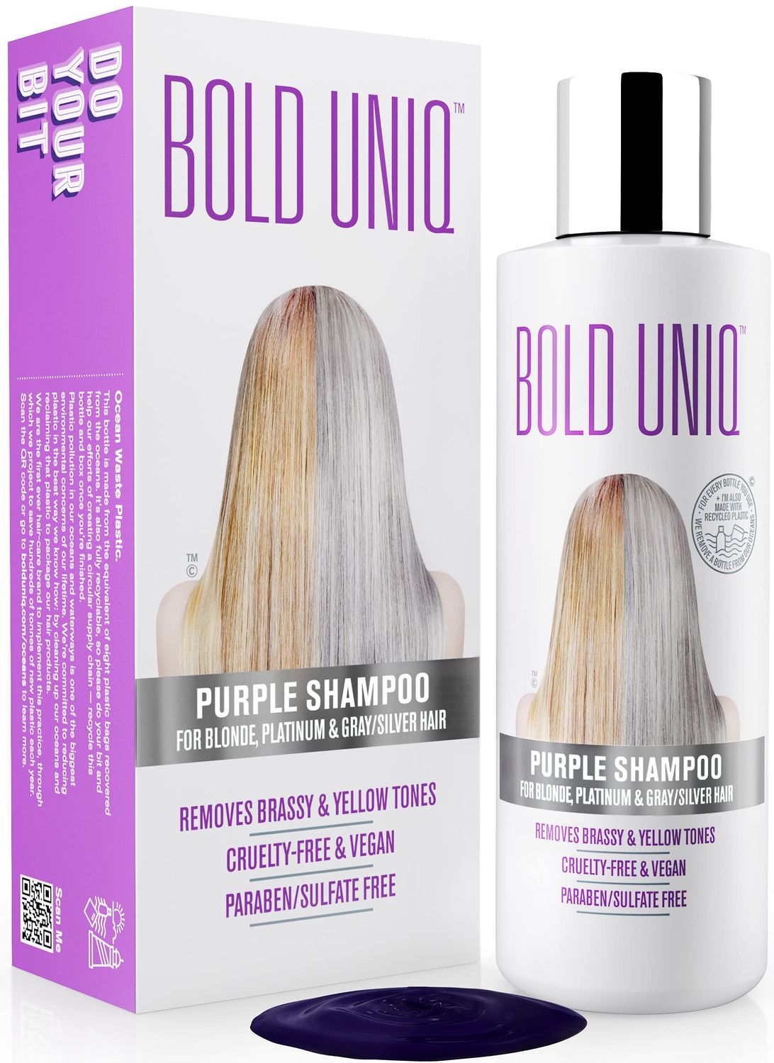 Bold Uniq Purple Shampoo - Remove Yellow Tones &amp; Condition Damaged Hair - For Blonde, Silver or Grey Hair - Paraben &amp; Sulfate Free, Vegan - 8 fl oz