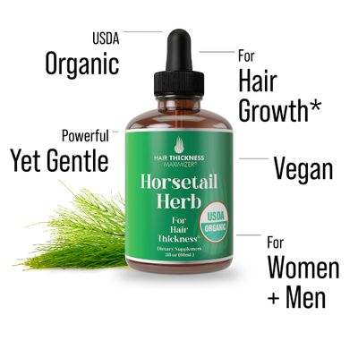USDA Organic Horsetail Herb Liquid Drops for Hair Growth, Thickening. Vegan, Pleasant Tasting Supplement with Horsetail. Zero Sugar, Alcohol Free Hair Vitamins for Women and Men