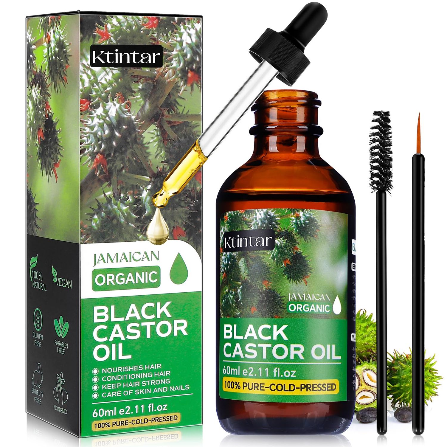 Ktintar Jamaican Black Castor Oil,100% Pure and Natural Organic Castor Oil Cold Pressed Glass Bottles, Hair Growth, Eyebrow Care, Skin Care, Nourishes &amp; Hydrates Hair, 60ML