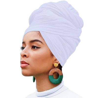 XTREND 1 Piece Head Wrap Stretch African Turban Bohemian Extra Long Scarf Soft Breathable Headwraps Solid Color Knit Head Scarves Turban Tie for Women (White)