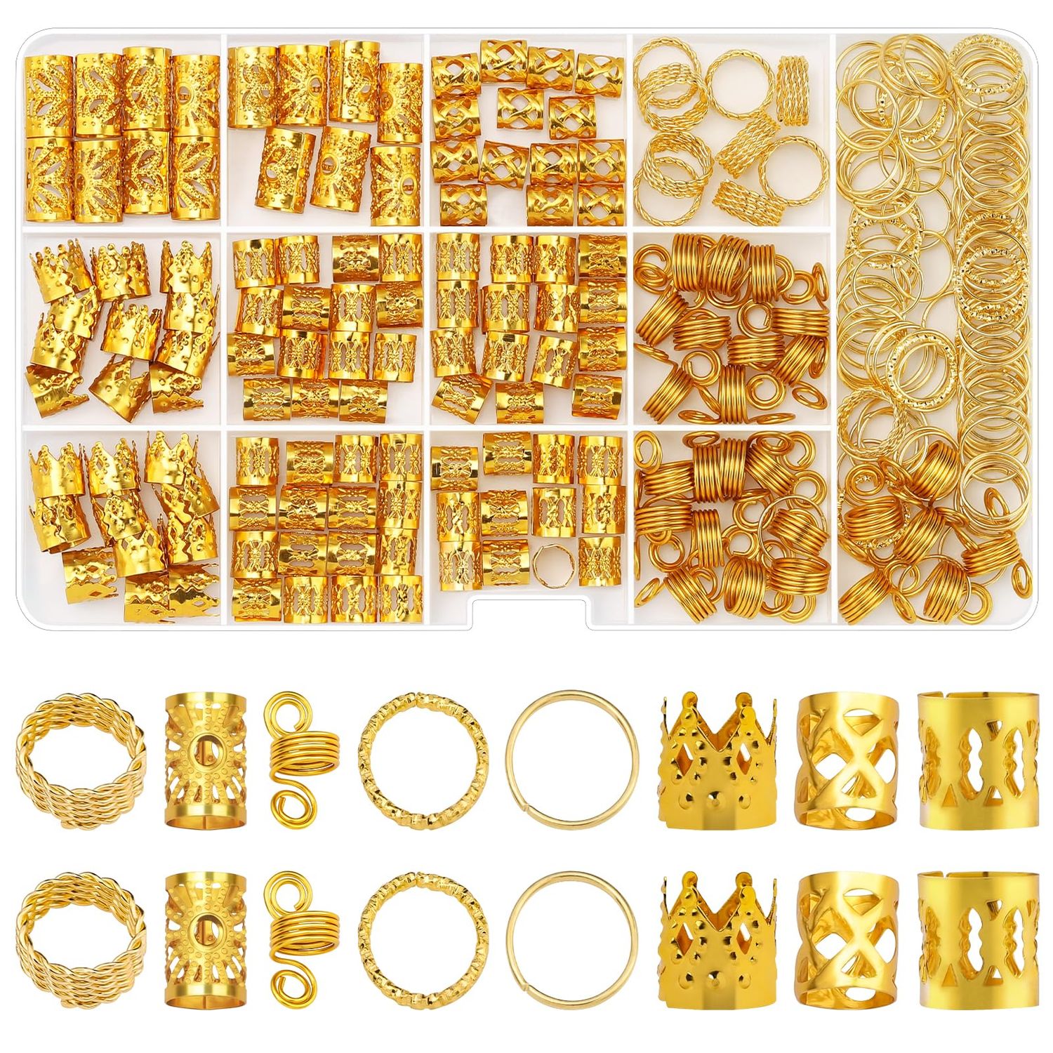Sightor 262PCS Hair Jewelry for Braids, Gold Dreadlock Beads Locs Accessories Hair Charms for Women Adjustable Hair Rings Hair Cuff Hair Beads Decorations(Gold)