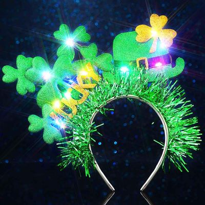 GENBREE Light Up St Patrick&#39;s Day Headbands Green Led Shamrock Hair Band Irish Hat Festival Party Hair Accessories for Women