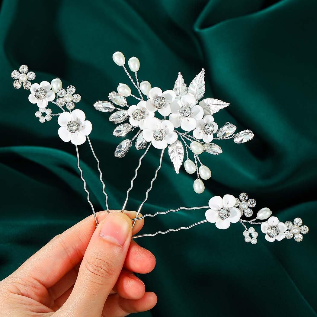 Gorais Flower Wedding Hair Pins Crystal Bridal Hair Pieces Pearl Bride Hair Clips Hair Accessories for Women and Girls (Pack of 3)