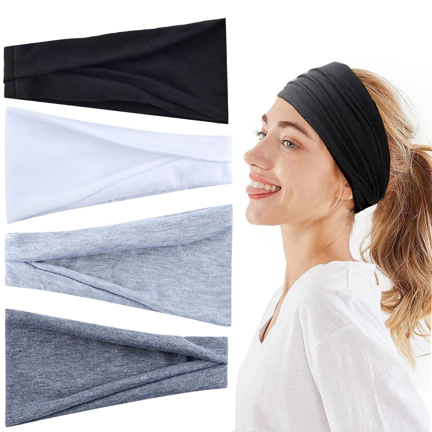 Hexchasty 4pcs Headbands for Women Thick Wide Cloth Fabric Stretchy Headbands for Women Fashion Cute Soft Hair bands for Women&#39; Hair Workout Head bands for Yoga Sports Running Black Grey White