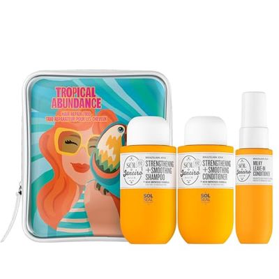 Sol de Janeiro Tropical Abundance Hair Repair Trio Travel Set | Jet Set | Sulfate Free Brazilian Joia Shampoo and Conditioner | Leave In Conditioner Spray | TSA Friendly