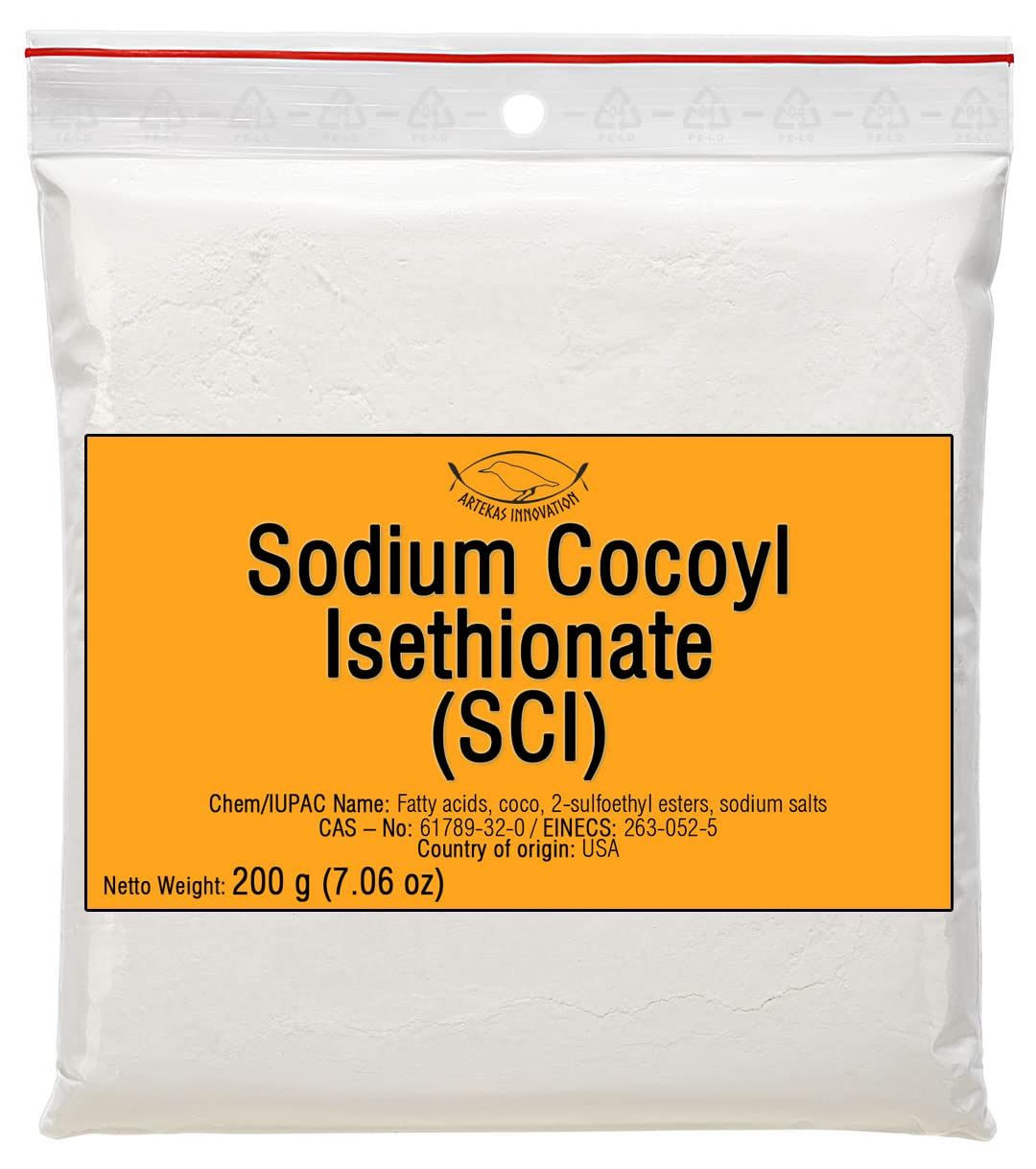 Artekas Innovation - Sodium COCOYL ISETHIONATE (SCI) - Powder - Foaming Surfactant - for Homemade Solid Shampoo Bars, Bath Bombs, Foamy and Bubbly Products - 200 g | 7.06 oz