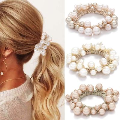 Fashey Pearl Hair Scrunchies Beaded Hair Ties Elastic Hair Bands Ponytail Holder Hair Accessories for Women and Girls?Pack of 3?