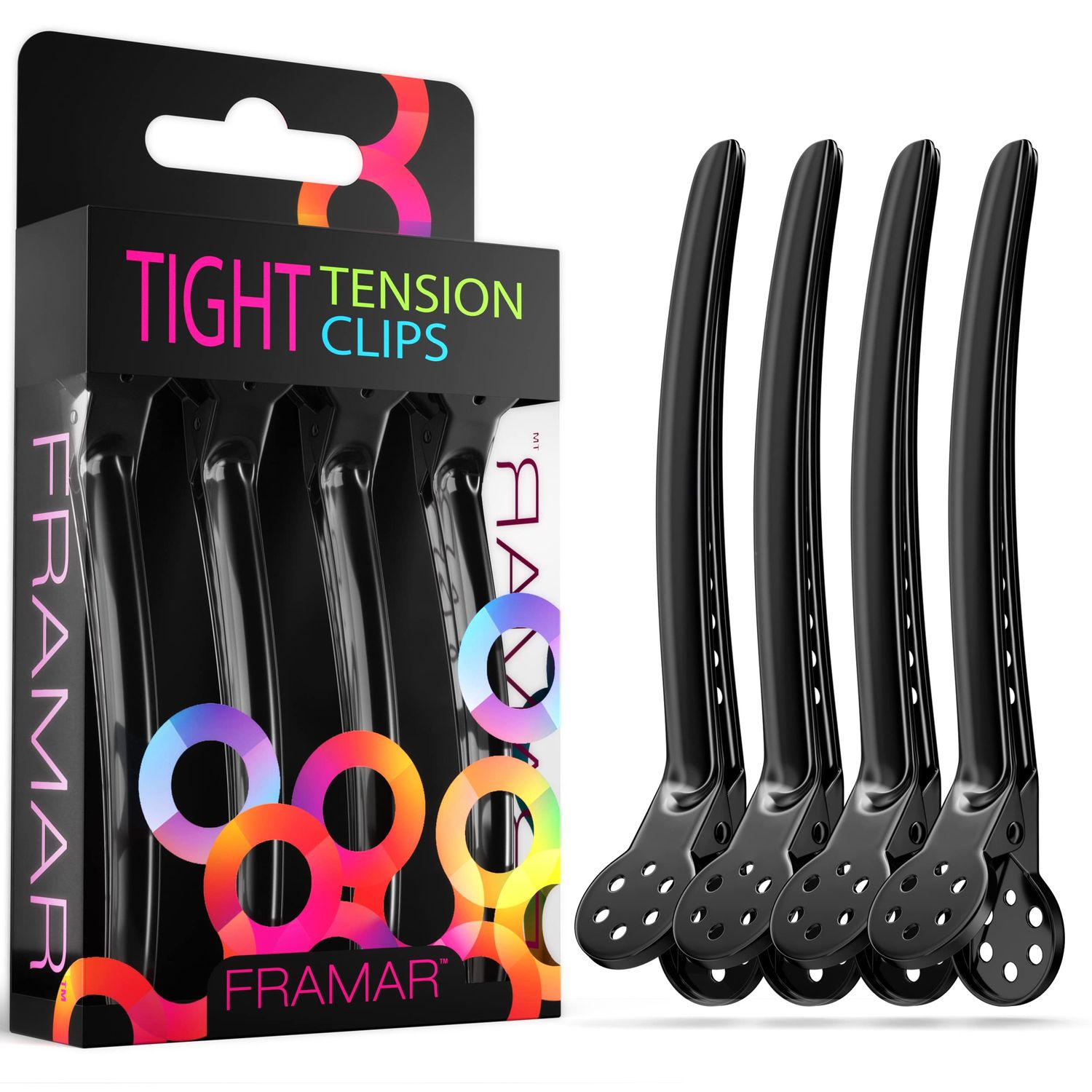 Framar Black Tight Tension Clips For Hair - Set of 4 Professional Hair Clips - Metal Hair Clips for Styling, Stylist Supplies, Hairclips, Hairstylist Essentials - Extra Tight &amp; Durable