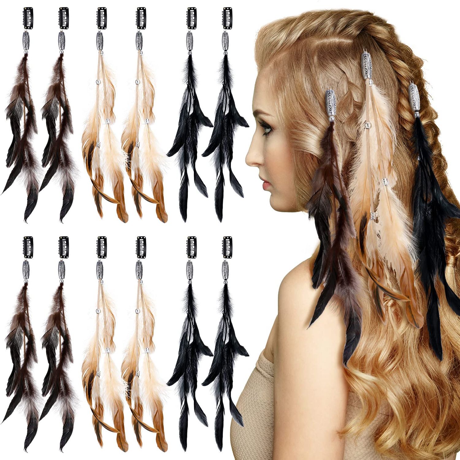 Geyoga 12 Pcs Feather Hair Extensions Colored Clip in Hair Feathers for Women Carnival Cosplay Costume Summer Party Headdress Boho Feather Clip Accessory Gifts(Brown, Black, Dark Coffee)