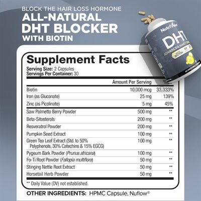 Nutrivein DHT Blocker with Biotin - Boosts Hair Growth &amp; New Follicle Growth for Men and Women - 30 Day Supply (60 Capsules, Two Daily)