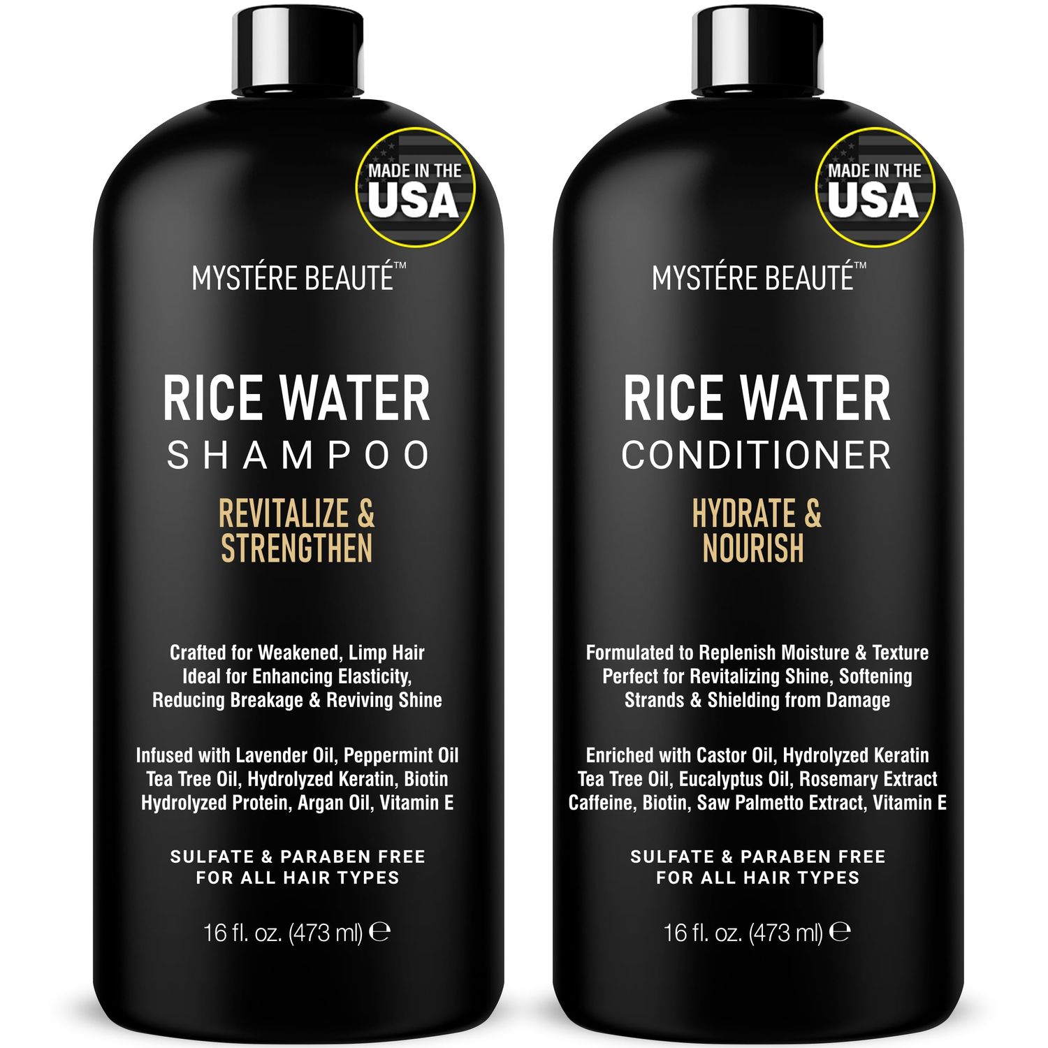 MYSTRE BEAUT Rice Water Shampoo and Conditioner Set - Ultra-Nourishing Hair Care Set, Promotes Growth, Revitalizes Shine, and Shields from Damage - Infused with Essential Oils - 16 fl oz Each