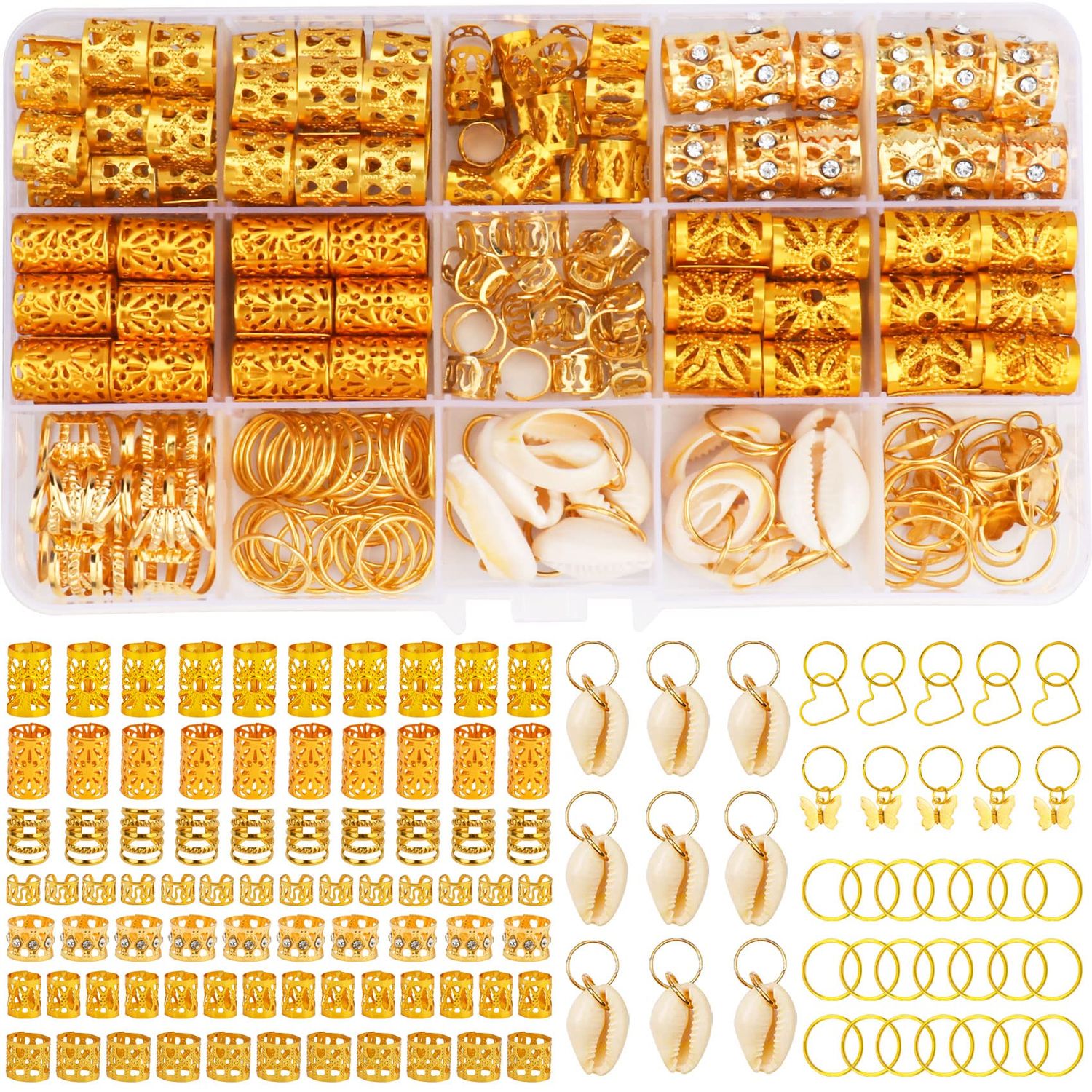 202 Pcs Hair Jewelry for Women Braids, Locs Jewelry Dreadlocks Beads Braid Rings/Hair Cuffs Shells Heart Butterfly Hair Pendants/Clips for Dreadlock Accessories (Gold)