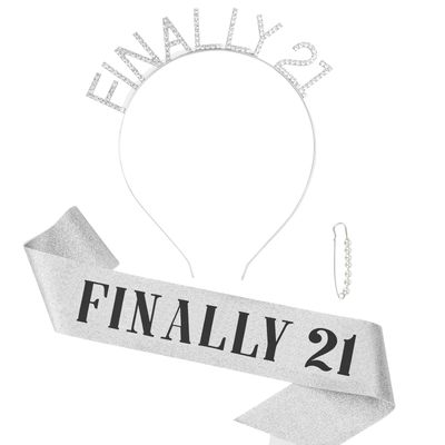 Semato 21st Birthday Sash, Rhinestone &#39;FINALLY 21&#39; Headband Kit &amp; Decorations - Birthday Gift for Her (silver)
