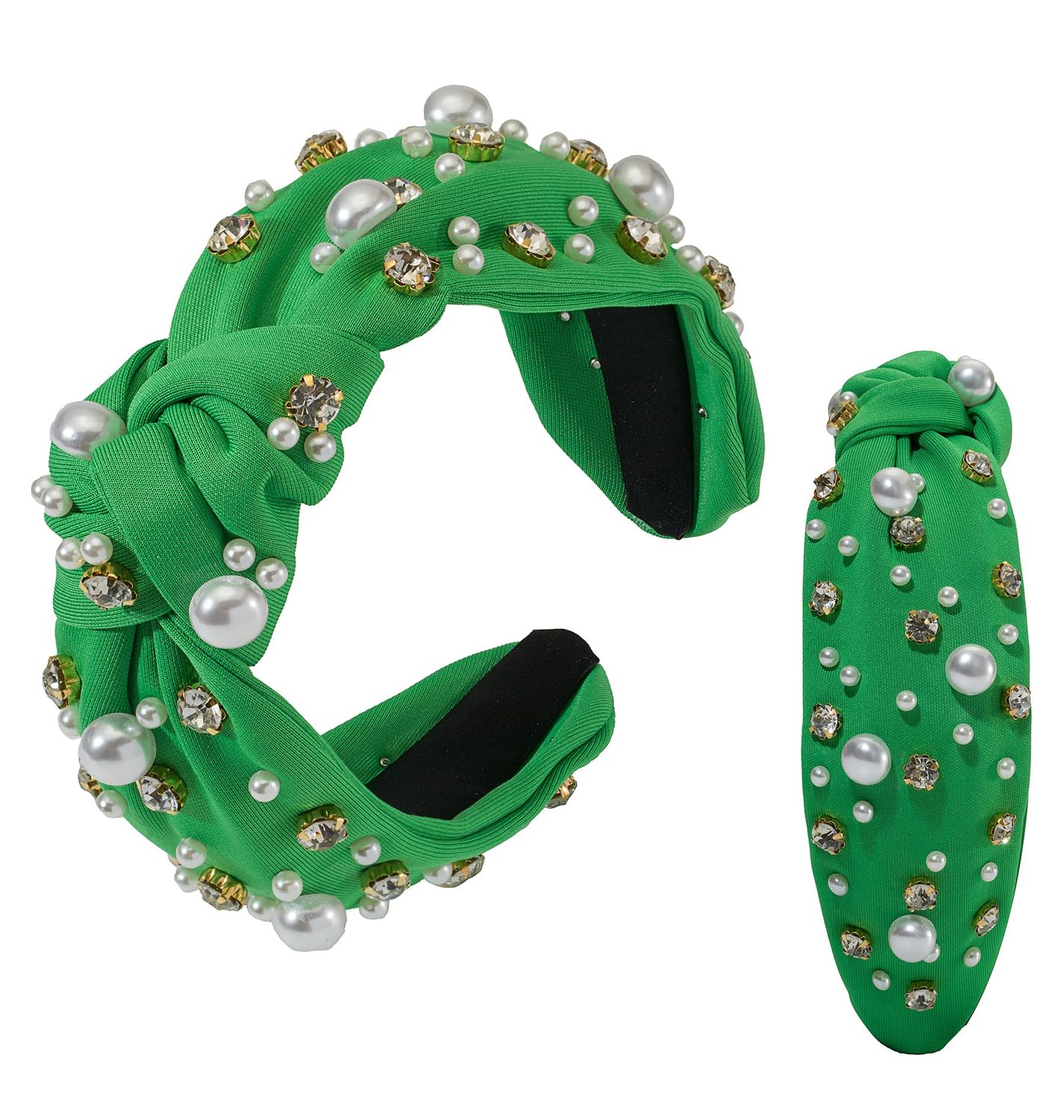 Mixcbe Holiday Green Pearl Knotted Jeweled Headband for Women Pearl Crystal Embellished Hairband Fashion Elegant Ladies Wide Knot Headband Gifts For Christmas St.Patrick&#39;s Day