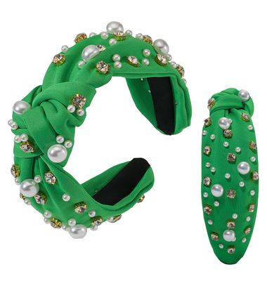 Mixcbe Holiday Green Pearl Knotted Jeweled Headband for Women Pearl Crystal Embellished Hairband Fashion Elegant Ladies Wide Knot Headband Gifts For Christmas St.Patrick&#39;s Day