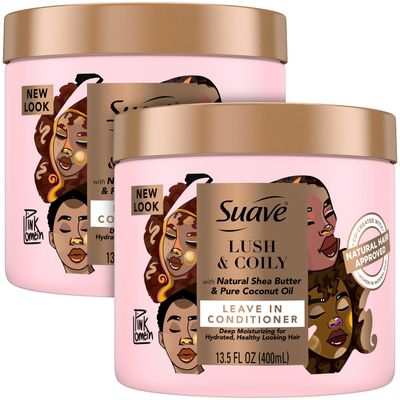 Suave Leave-In Conditioner, Lush &amp; Coily, 2-Pack -?Coconut Oil, Shea Butter &amp; Amino Complex Natural Hair Care Products, Anti-Frizz, 13.5 Oz Ea