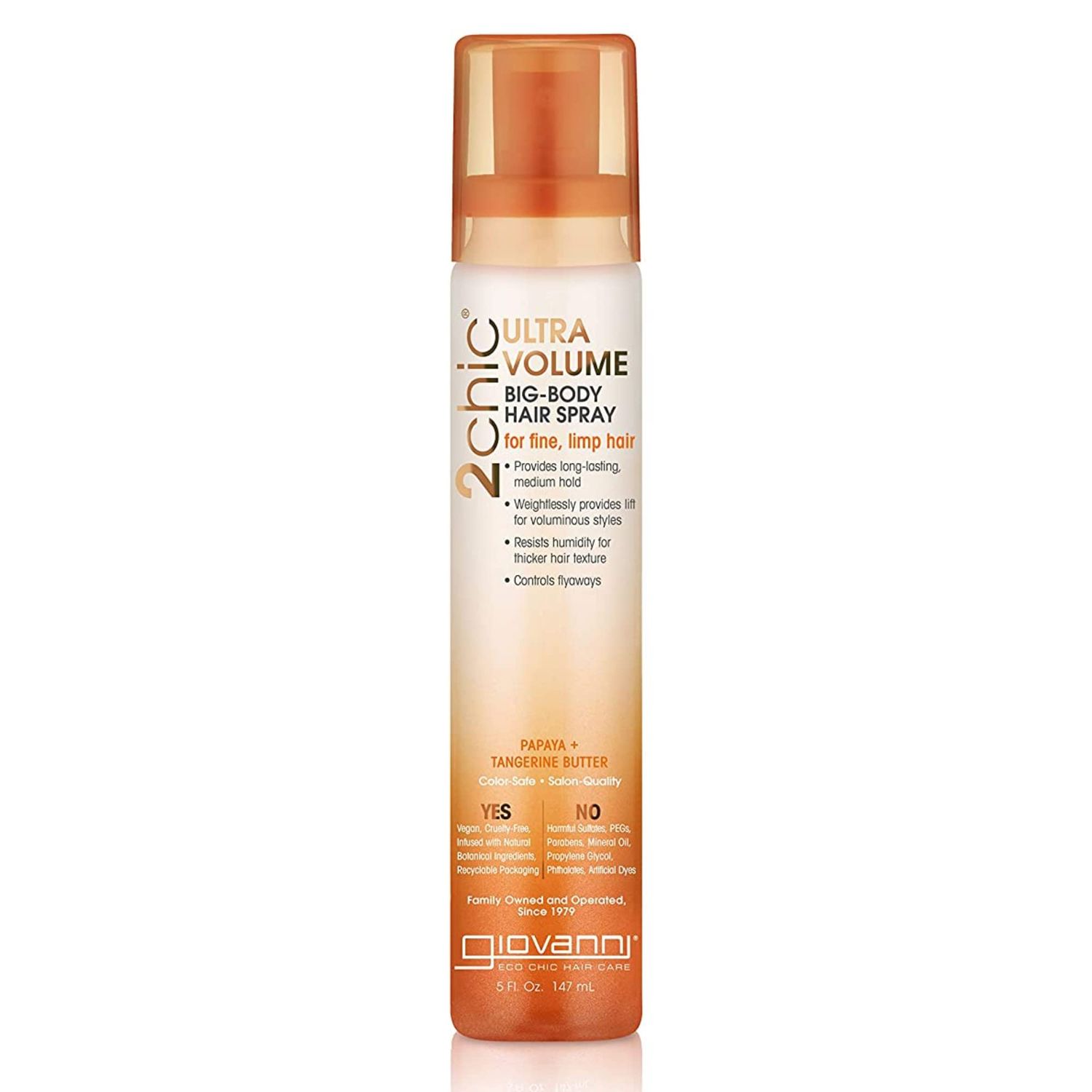 GIOVANNI 2chic Ultra-Volume Big-Body Hair Spray - Daily Volumizing Formula with Papaya &amp; Tangerine Butter, Promotes Weightless Control for Fine Limp Thin Hair, No Parabens, Color Safe - 5 fl oz