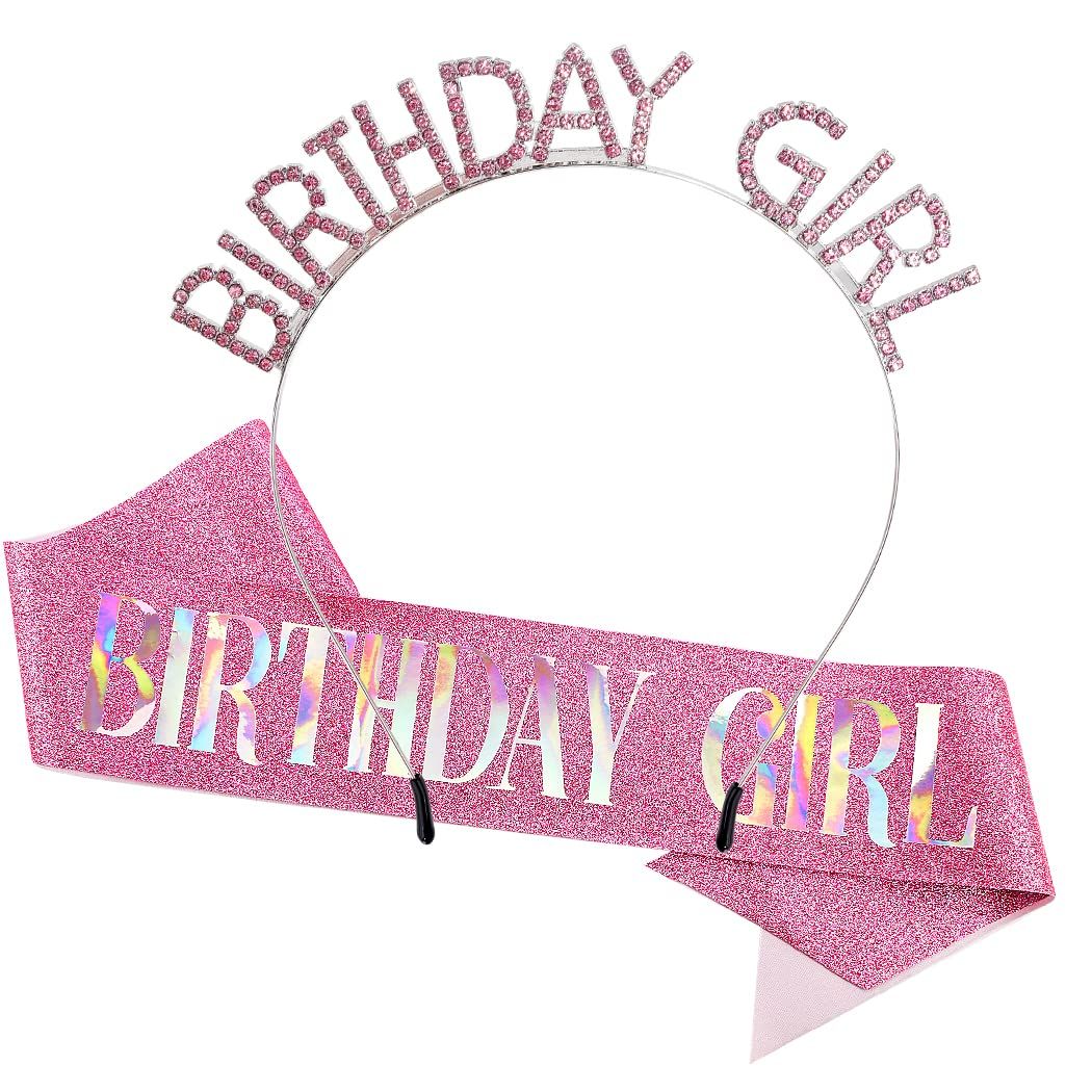 AOPRIE Pink Birthday Sash for Women Girls Birthday Crown Tiara for Women Birthday Girl Headband Princess Crown Happy Birthday Accessories Decorations