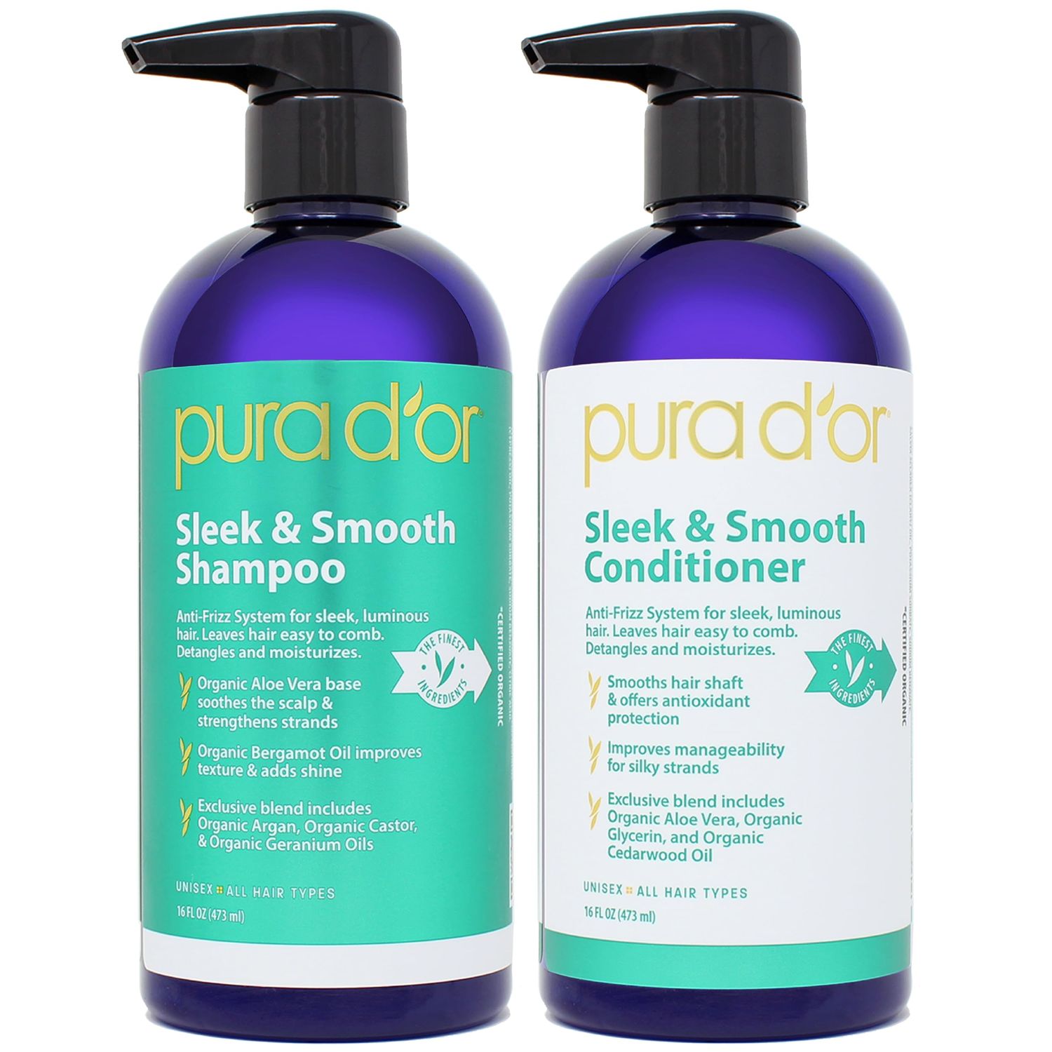 PURA D&#39;OR Sleek &amp; Smooth Shampoo and Conditioner Set For Frizz-Free &amp; Silky Smooth Hair, Infused with Organic Aloe Vera, Argan Oil, Castor Oil, Bergamot Oil &amp; Geranium Oil