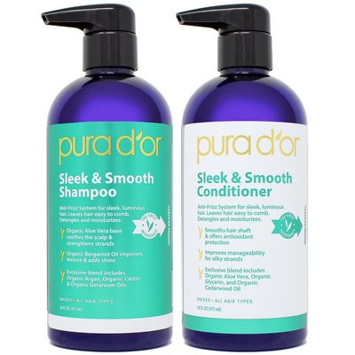 PURA D&#39;OR Sleek &amp; Smooth Shampoo and Conditioner Set For Frizz-Free &amp; Silky Smooth Hair, Infused with Organic Aloe Vera, Argan Oil, Castor Oil, Bergamot Oil &amp; Geranium Oil