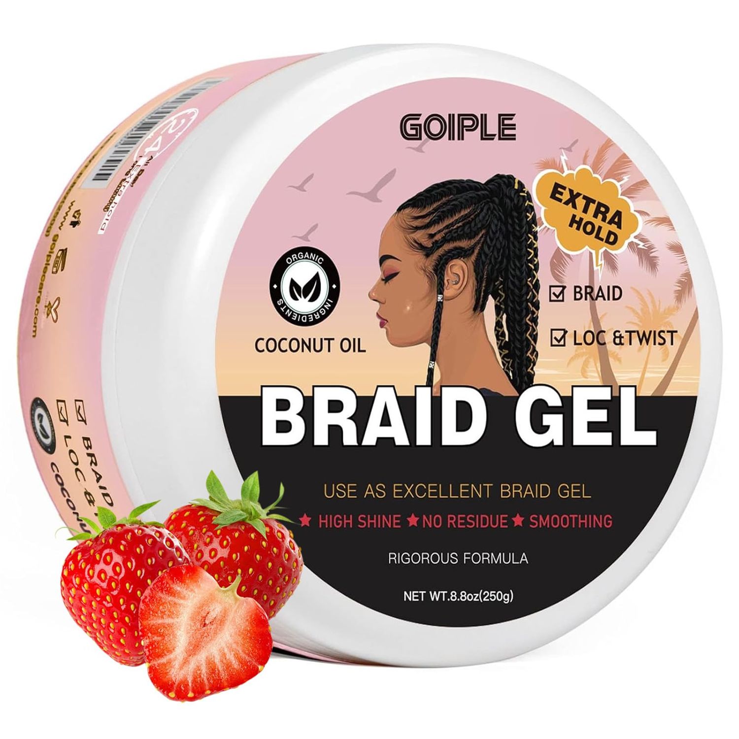 Braid Gel Good for Twist, Locs, Braids, Edge No Flake Extra Hold High Shine Braiding Gel &amp; Edge Control, Loc Gel Long Lasting for Locks, Cornrows Smooths &amp; Tames Frizz 8.8oz (Strawberry Flover)