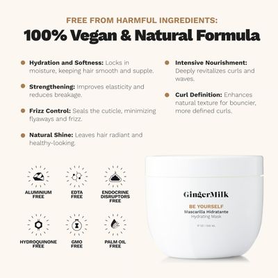 Ginger Milk Hydrating Hair Mask for Curly, Wavy, and Coily Hair - Nourishing Formula for Defined Curls, Frizz Control, and Shine - Sulfate-Free | Be Yourself 17 oz