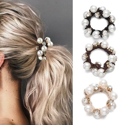 Brinie Pearl Hair Ties Black Ponytail Holders Elastic Crystal Hair Scrunchies Pearl Hair Accessories for Women and Girls (Pack of 3)