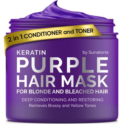 Sunatoria New Keratin Purple Hair Mask- Blonde Hair Purple Toner - Repair &amp; Nourishment Treatment For Bleached, Brassy Hair - Blue Hair Mask, No Yellow Tones - Deep Conditioner For Color Treated Locks
