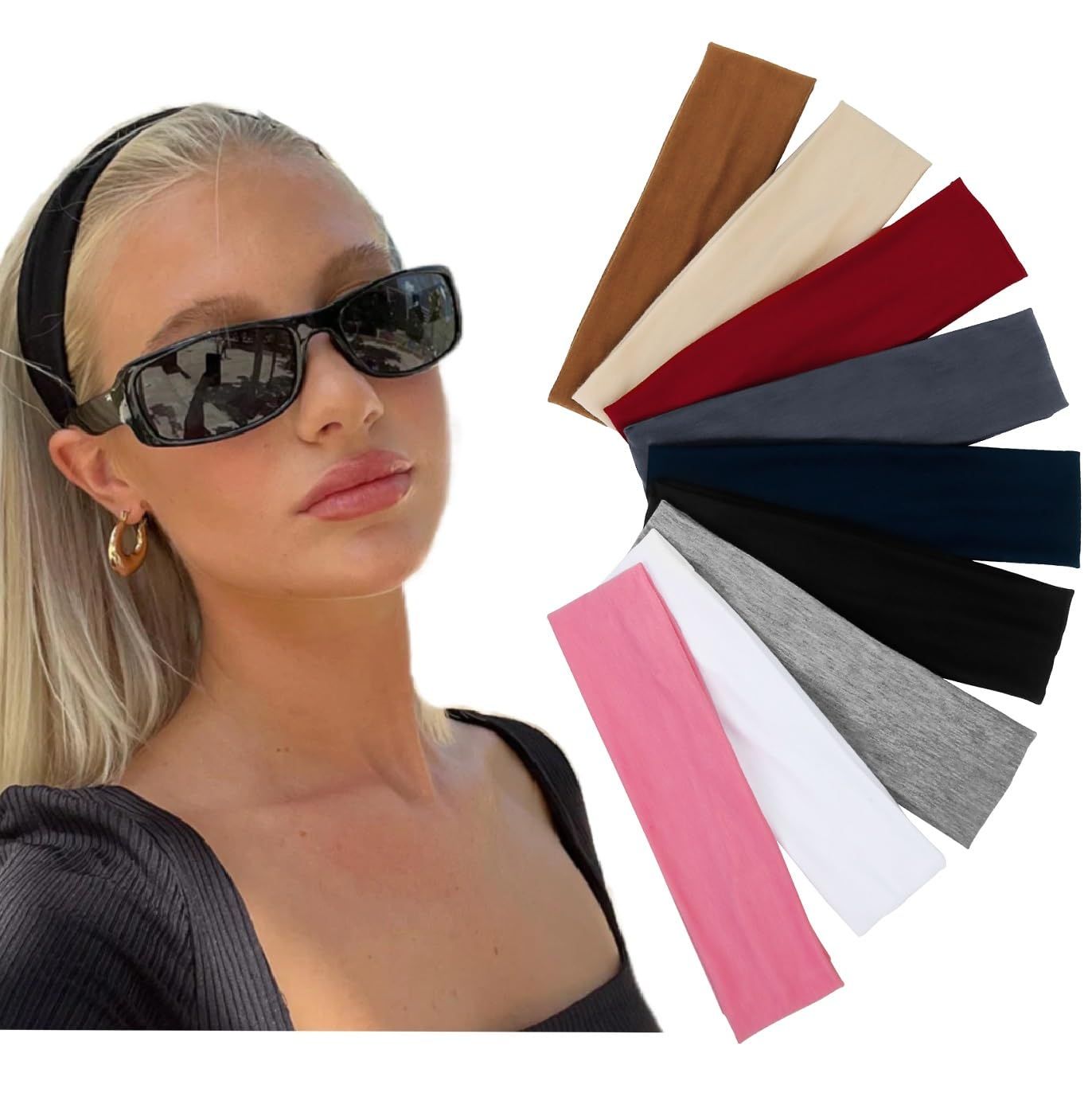 Multicolor Soft Fabric Headbands for Women - Elastic Non-Slip Head Bands, Fashion School Hair Accessories, 9 Pack