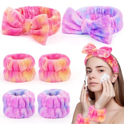 Spa Headbands for Women with Wristband Set: Facial Makeup Headbands for Girls &amp; Teens - Soft Coral Fleece Elastic Hair Wraps with Wrist Accessories for Washing Face Shower Bath Beauty Skincare Gifts