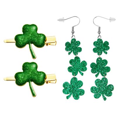 St. Patrick&#39;s Day Accessories for Women - Shamrock Earrings and Green Hair Clips Set, Includes 1 Pair of Green Shamrock Acrylic Dangle Earrings and 2PCS Glitter Clover Alloy Hair Clips