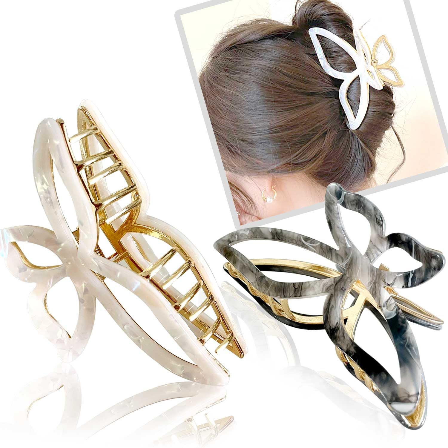 Solilayx Large Butterfly Claw Clip, Acetate Metal Hair Claw Clip for Women, Non-Slip Hair Clips for Thick Hair, Stylish Hair Accessories for Women &amp; Teens - 2Pack