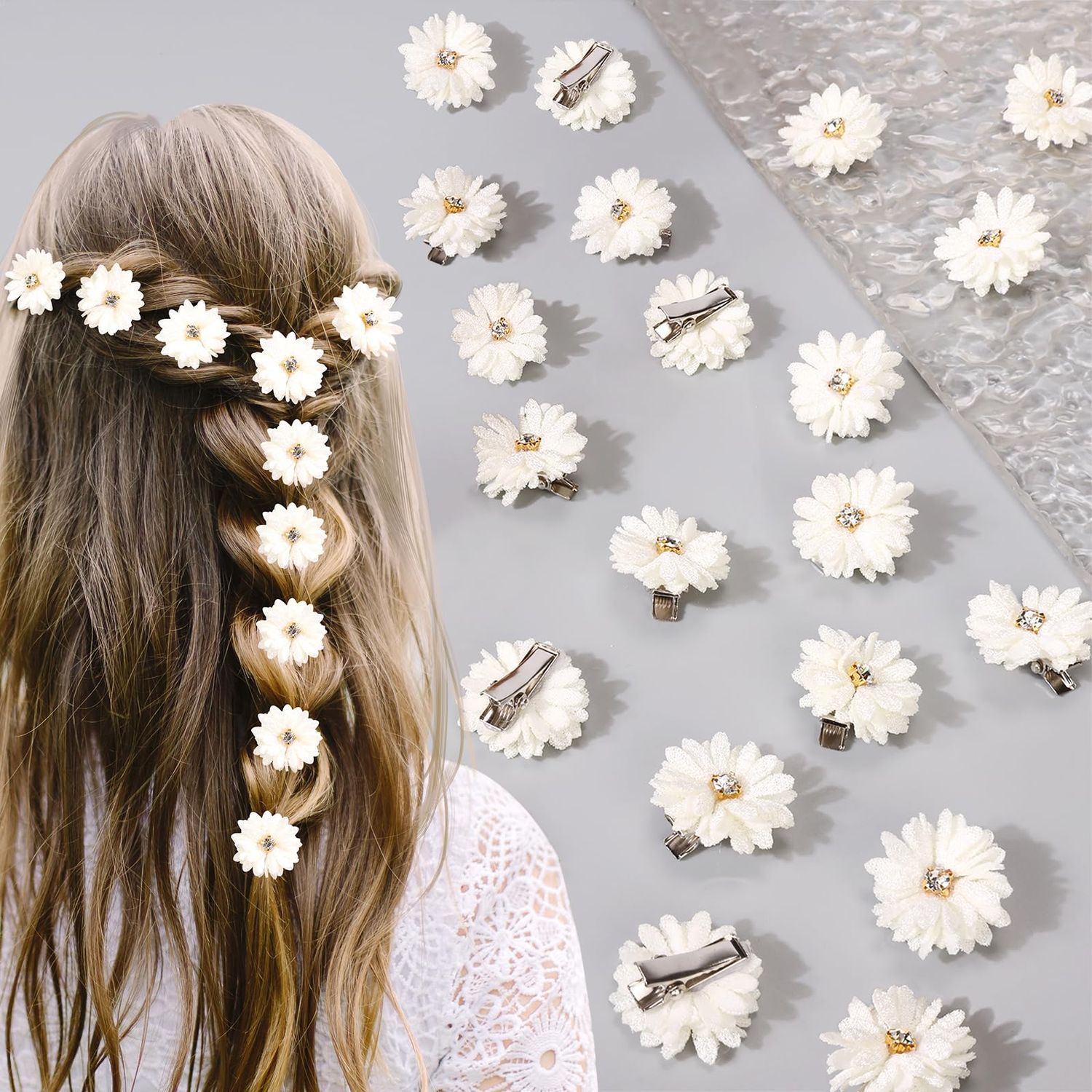 20PCS Small Flower Hair Clips Fabric with Rhinestone, Cute Wedding Hair Accessories Clips Pins for Women Girls