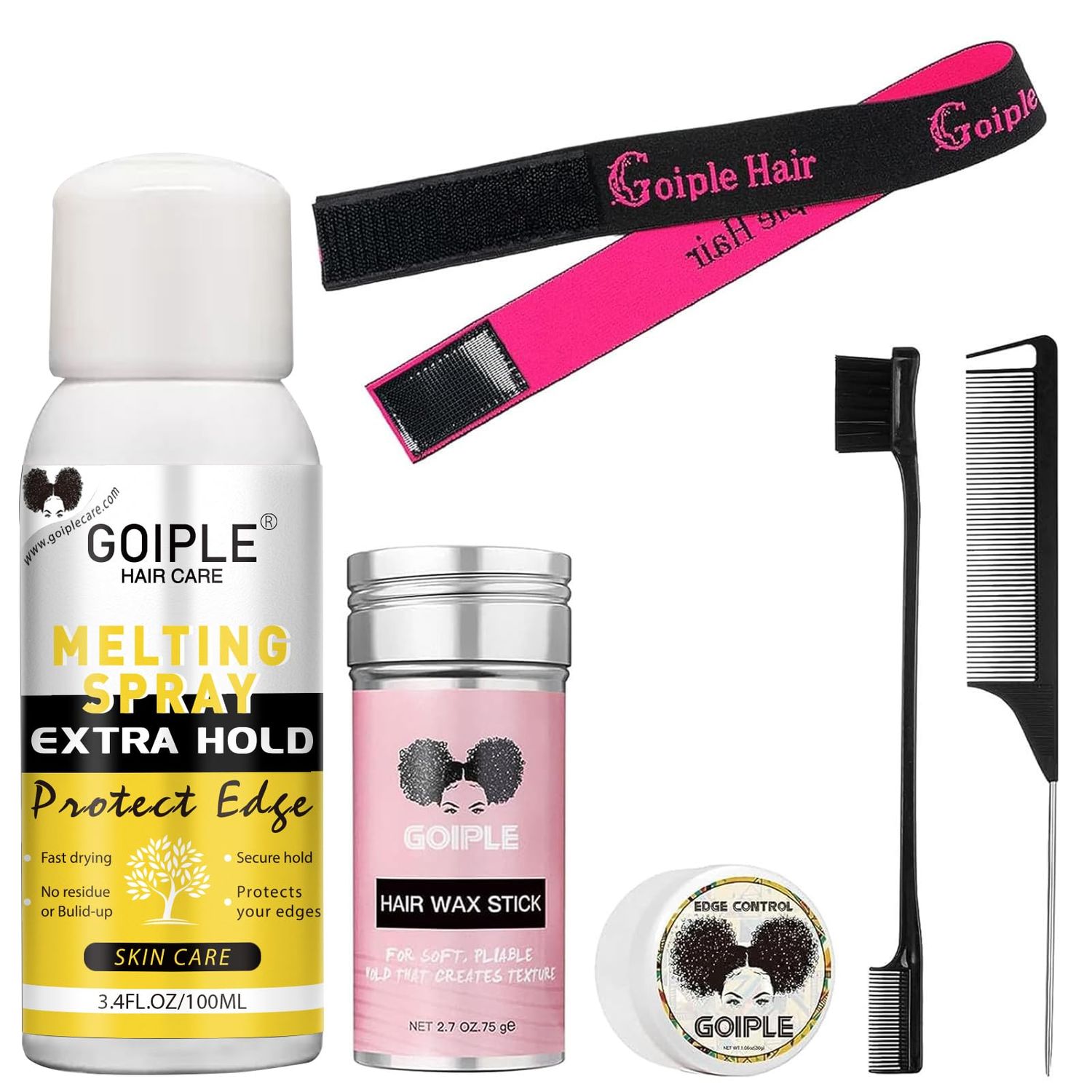 Goiple Lace Melting Spray for Wigs, Closures &amp; Extensions - Styling Agent with Strong Natural Finish, Fast Drying, Water &amp; Oil Resistant, Includes Hair Adhesive, Edge Control Wax &amp; Hair Wax Stick