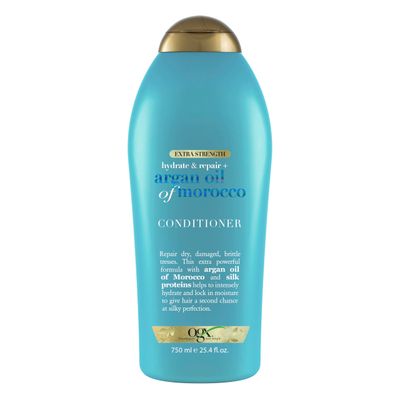 OGX Extra Strength Hydrate &amp; Repair + Argan Oil of Morocco Conditioner for Dry, Damaged Hair, Cold-Pressed Argan Oil to Moisturize Hair, Paraben-Free, Sulfate-Free Surfactants, 25.4 Fl Oz