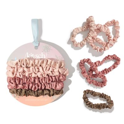 Kitsch Ultra Petite Satin Scrunchies for Women - Gentle on Hair, No Crease, Slim Ruched Design for Ponytail &amp; Bun | Soft, Sleek, &amp; Stylish Satin Hair Scrunchies for Girls - Terracotta, 6 Pcs