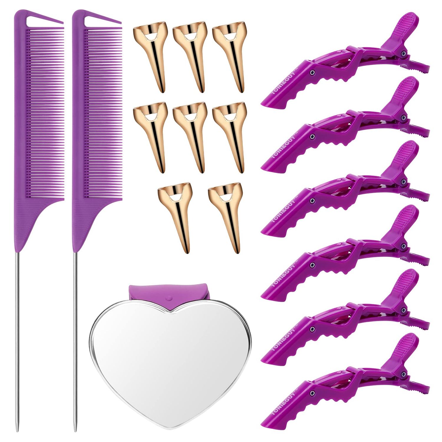 Coldairsoap Hair Parting Tools Set, 17 Pieces Including Hair Parting Rings, Sectioning Clips, Rat Tail Combs, Magnetic Wrist Pin Holder for Braiding (Purple)